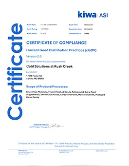 Certificate of Compliance | Cold Solutions at Rush Creek